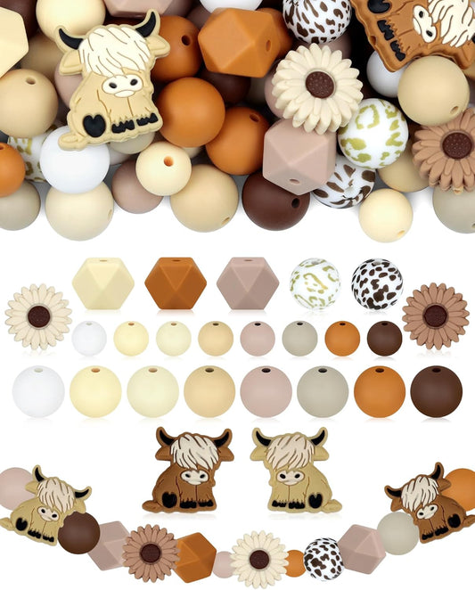 76PCS FIVEIZERO Highland Cow Focal Silicone Beads – Animal Shaped, Brown & White Cow Beads for DIY Crafting, Keychains, Bracelets, Pens – Perfect for Adults Creative Projects