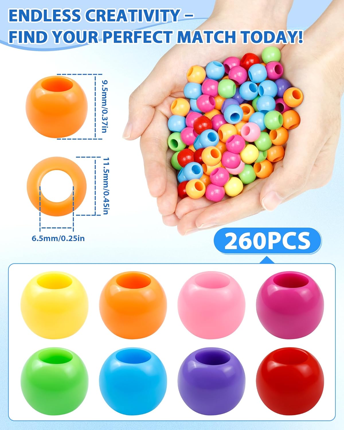 FIVEIZERO 260PCS Large Hole Hair Beads, 10x12mm Acrylic Pony Beads for Hair Braids, Bulk Pack - Mixed Colors for Bracelets & DIY