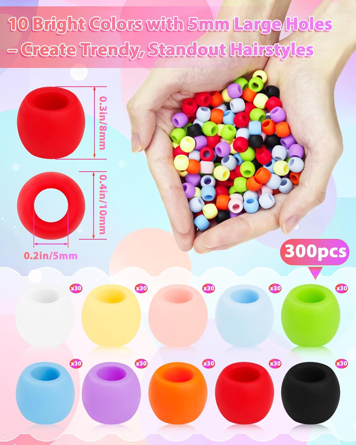 300PCS FIVEIZERO 8x10mm Small Silicone Hair Beads, Soft Rubber Beads with 5mm Large Hole for Hair Braiding, Kandi Pony Bead for DIY Bracelets, Keychains & DIY Crafts
