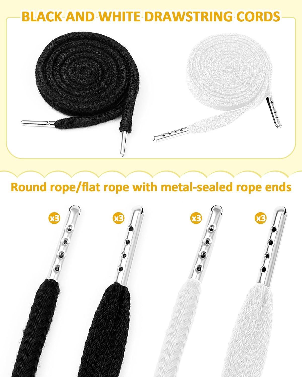 FIVEIZERO 16pcs Drawstring Cord Kit-12pcs Hoodie Strings (Flat & Round,Black & White) with Drawstring Threader Tools,Bodkin,Rope Threader–Draw String Replacement for Pants,Shorts,Shoes,Sweatpants,Bag