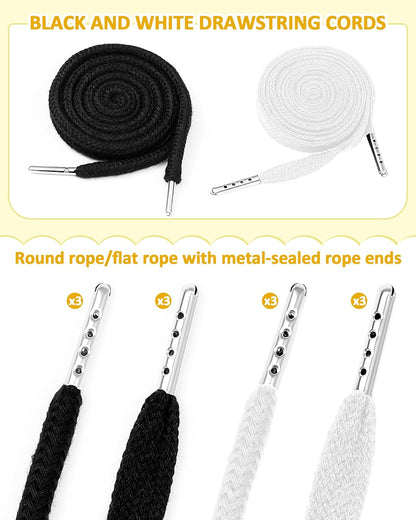FIVEIZERO 16pcs Drawstring Cord Kit-12pcs Hoodie Strings (Flat & Round,Black & White) with Drawstring Threader Tools,Bodkin,Rope Threader–Draw String Replacement for Pants,Shorts,Shoes,Sweatpants,Bag