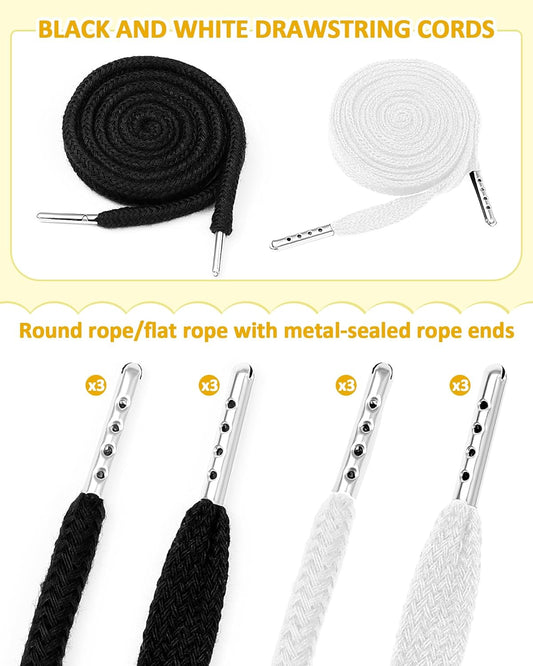 FIVEIZERO 16pcs Drawstring Cord Kit-12pcs Hoodie Strings (Flat & Round,Black & White) with Drawstring Threader Tools,Bodkin,Rope Threader–Draw String Replacement for Pants,Shorts,Shoes,Sweatpants,Bag