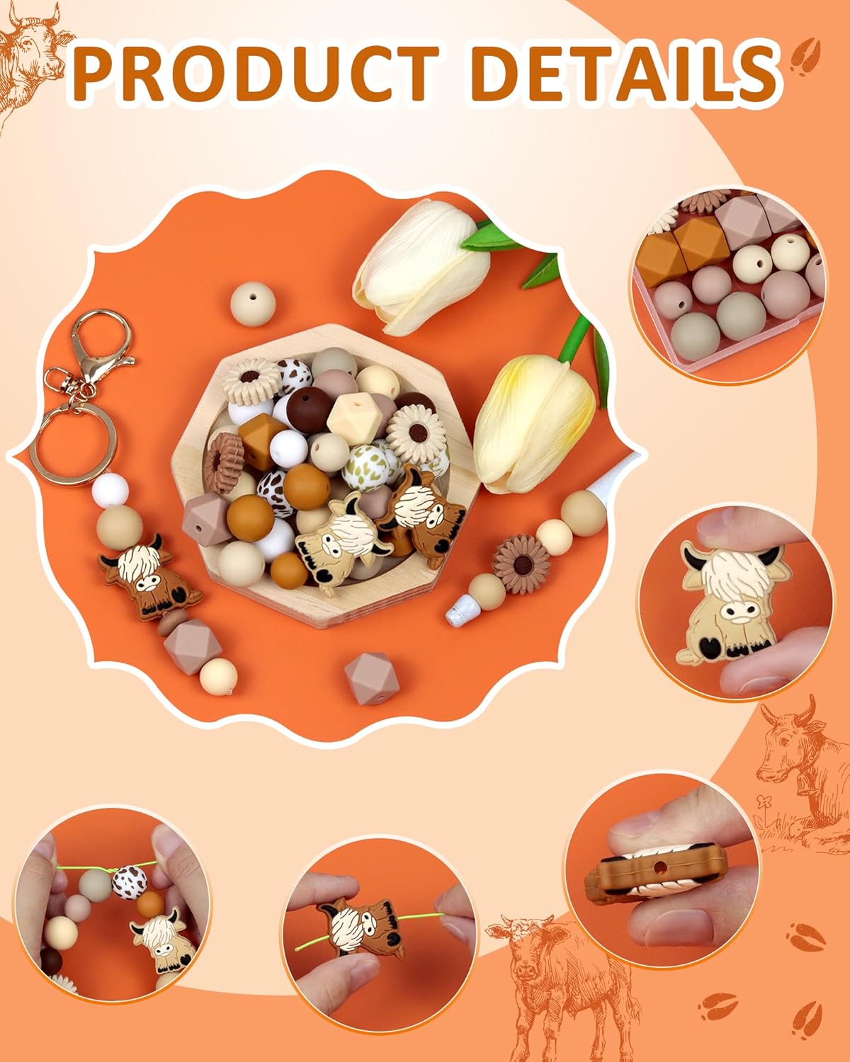 76PCS FIVEIZERO Highland Cow Focal Silicone Beads – Animal Shaped, Brown & White Cow Beads for DIY Crafting, Keychains, Bracelets, Pens – Perfect for Adults Creative Projects