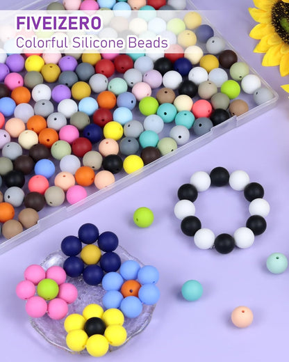 150PCS FIVEIZERO Silicone Beads, 30 Colors 15mm Silicone Beads for Keychain Making, Rubber Round Bulk Focal Bead for DIY Crafts Making