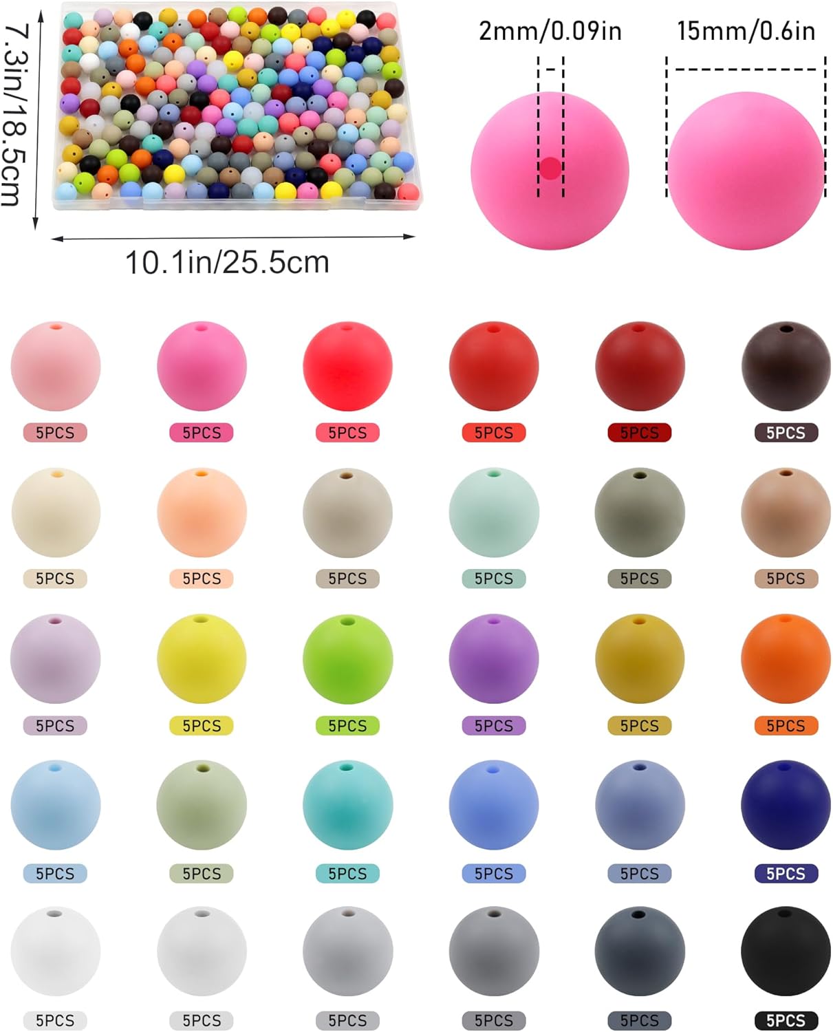 150PCS FIVEIZERO Silicone Beads, 30 Colors 15mm Silicone Beads for Keychain Making, Rubber Round Bulk Focal Bead for DIY Crafts Making