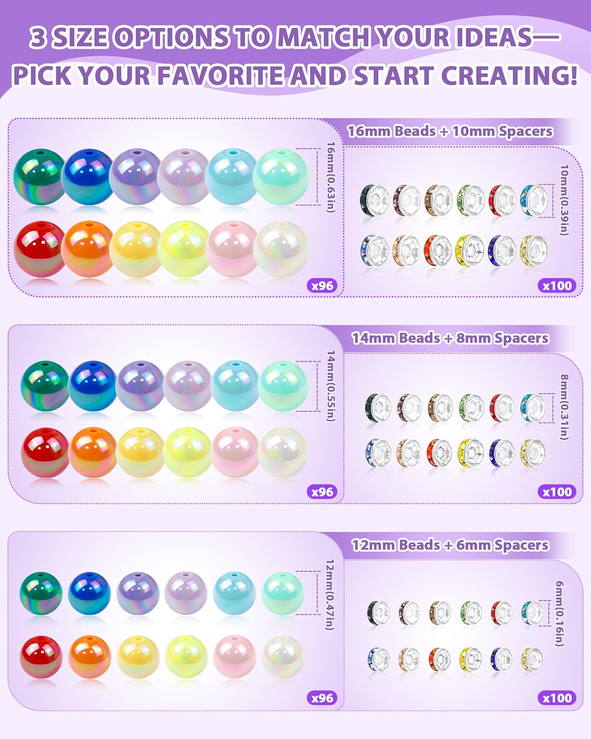 196PCS FIVEIZERO Focal Beads for Pens – 16mm AB Rainbow Acrylic Beads & 10mm Rhinestone Spacers in 12 Colors for Beadable Pens, Bracelets, Jewelry Making & DIY Crafts