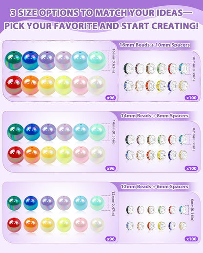 196PCS FIVEIZERO Focal Beads for Pens – 16mm AB Rainbow Acrylic Beads & 10mm Rhinestone Spacers in 12 Colors for Beadable Pens, Bracelets, Jewelry Making & DIY Crafts