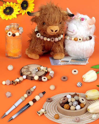 76PCS FIVEIZERO Highland Cow Focal Silicone Beads – Animal Shaped, Brown & White Cow Beads for DIY Crafting, Keychains, Bracelets, Pens – Perfect for Adults Creative Projects
