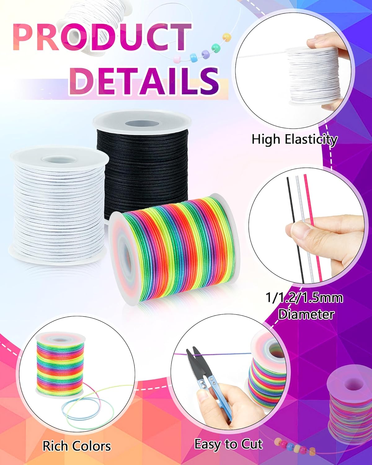 FIVEIZERO 2 Rolls Elastic Bracelet String Total 330 Feet,1.0mm,1.2mm,1.5mm Elastic Cord for Beading Stretchy String with Beading Needle for Bracelets, Sewing, Necklace, Jewelry Making and Crafts