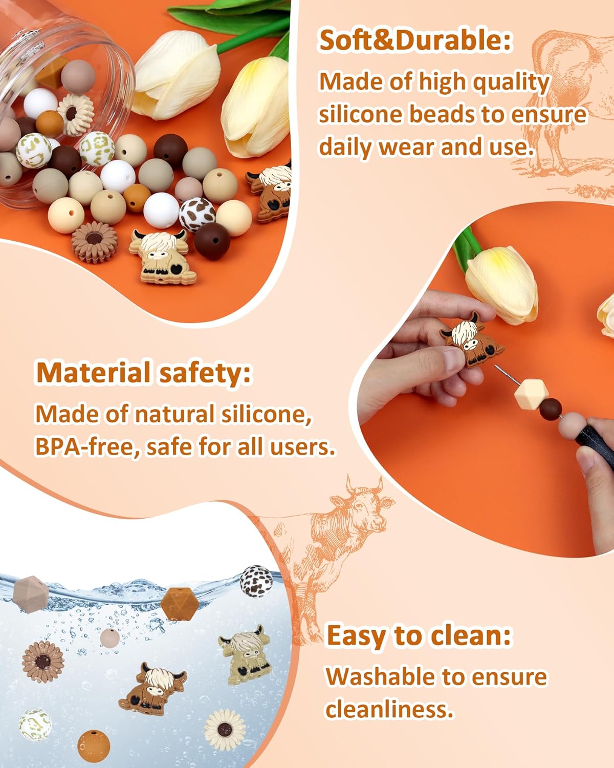 76PCS FIVEIZERO Highland Cow Focal Silicone Beads – Animal Shaped, Brown & White Cow Beads for DIY Crafting, Keychains, Bracelets, Pens – Perfect for Adults Creative Projects