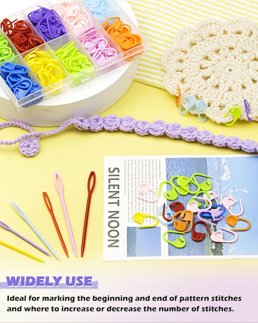 FIVEIZERO 200 Pcs Stitch Markers - 10 Color Knitting & Crochet Markers with Clip, Sewing Needles, Plastic Eyelets for DIY & Craft Sewing