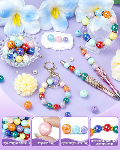 196PCS FIVEIZERO Focal Beads for Pens – 16mm AB Rainbow Acrylic Beads & 10mm Rhinestone Spacers in 12 Colors for Beadable Pens, Bracelets, Jewelry Making & DIY Crafts