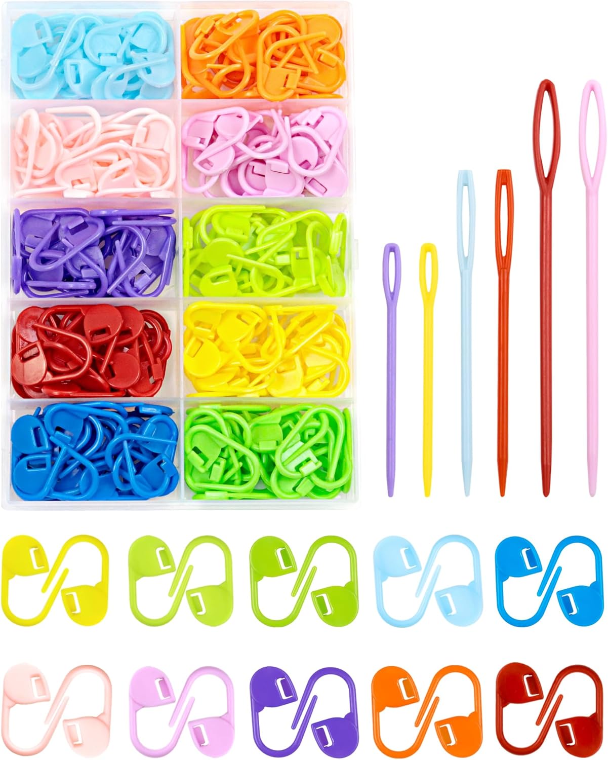 FIVEIZERO 200 Pcs Stitch Markers - 10 Color Knitting & Crochet Markers with Clip, Sewing Needles, Plastic Eyelets for DIY & Craft Sewing