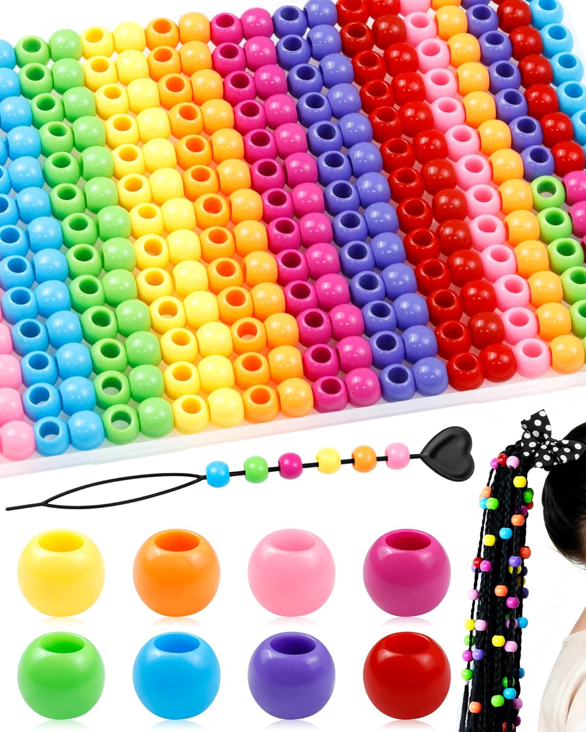 FIVEIZERO 260PCS Large Hole Hair Beads, 10x12mm Acrylic Pony Beads for Hair Braids, Bulk Pack - Mixed Colors for Bracelets & DIY