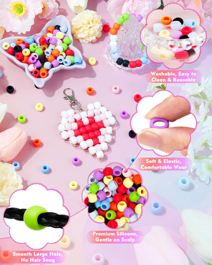 300PCS FIVEIZERO 8x10mm Small Silicone Hair Beads, Soft Rubber Beads with 5mm Large Hole for Hair Braiding, Kandi Pony Bead for DIY Bracelets, Keychains & DIY Crafts