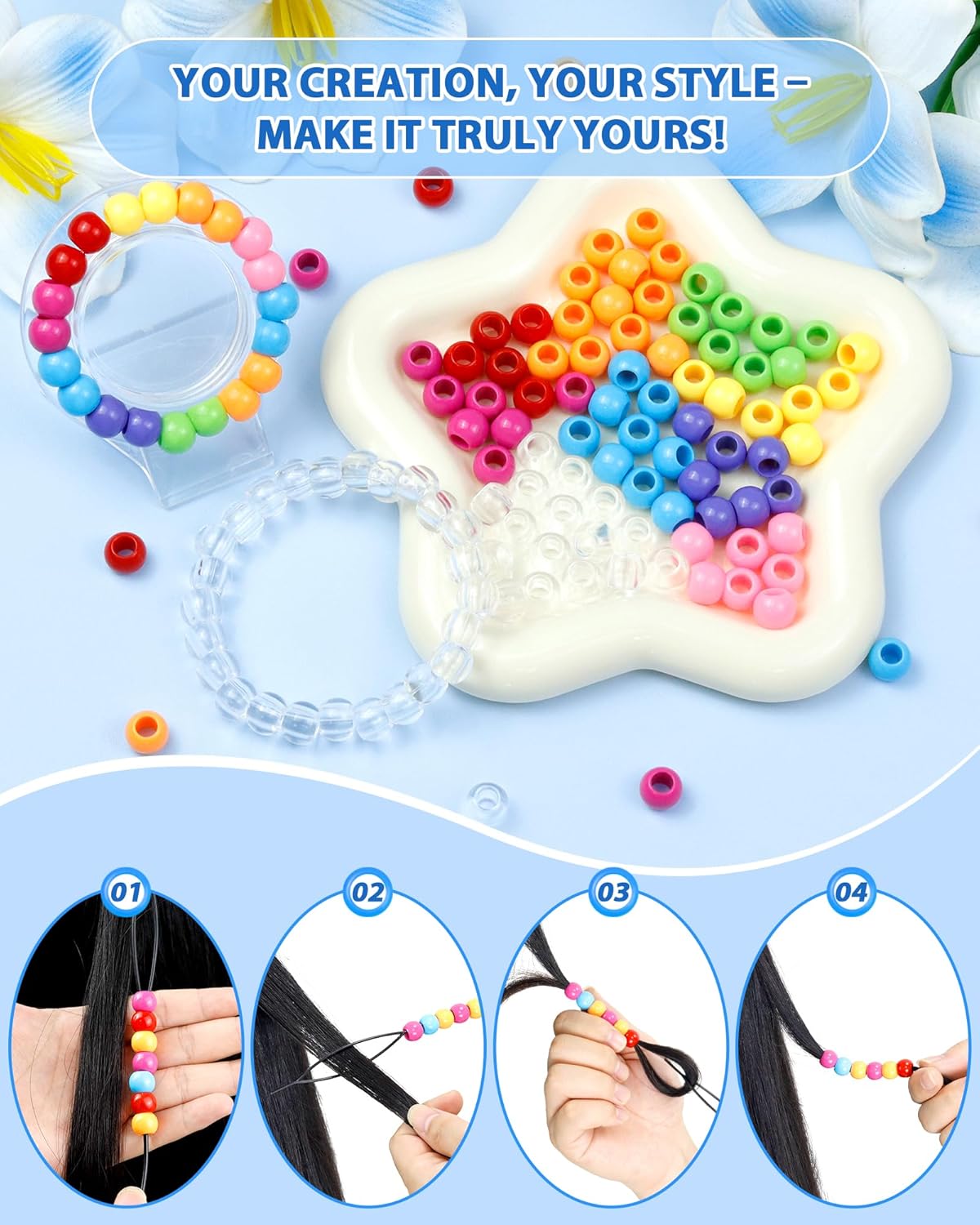 FIVEIZERO 260PCS Large Hole Hair Beads, 10x12mm Acrylic Pony Beads for Hair Braids, Bulk Pack - Mixed Colors for Bracelets & DIY