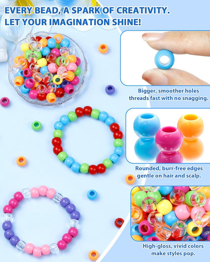 FIVEIZERO 260PCS Large Hole Hair Beads, 10x12mm Acrylic Pony Beads for Hair Braids, Bulk Pack - Mixed Colors for Bracelets & DIY