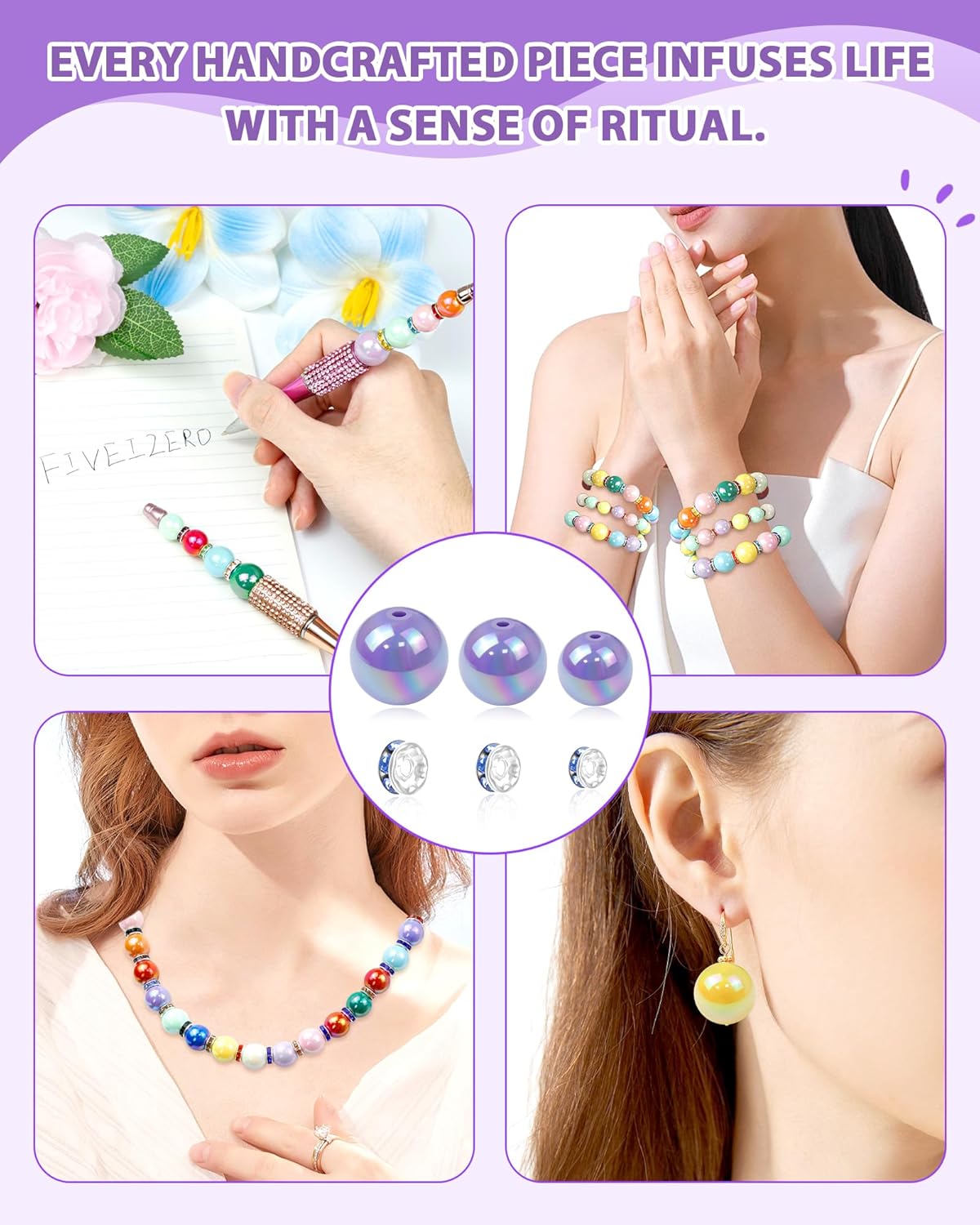 196PCS FIVEIZERO Focal Beads for Pens – 16mm AB Rainbow Acrylic Beads & 10mm Rhinestone Spacers in 12 Colors for Beadable Pens, Bracelets, Jewelry Making & DIY Crafts