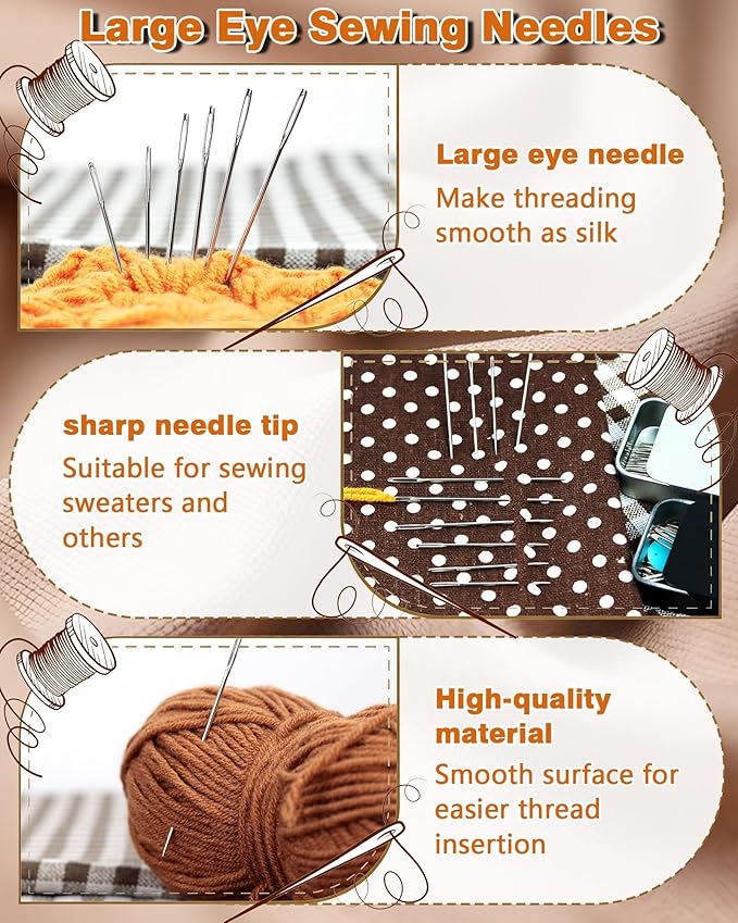 FIVEIZERO 80/40 PCS Premium Stainless Steel Sewing Needles, 7 Sizes Large Eye Sewing Sharp Needles, Leather Needle Embroidery Thread Needle with Threaders for Handsewing Art Crafts