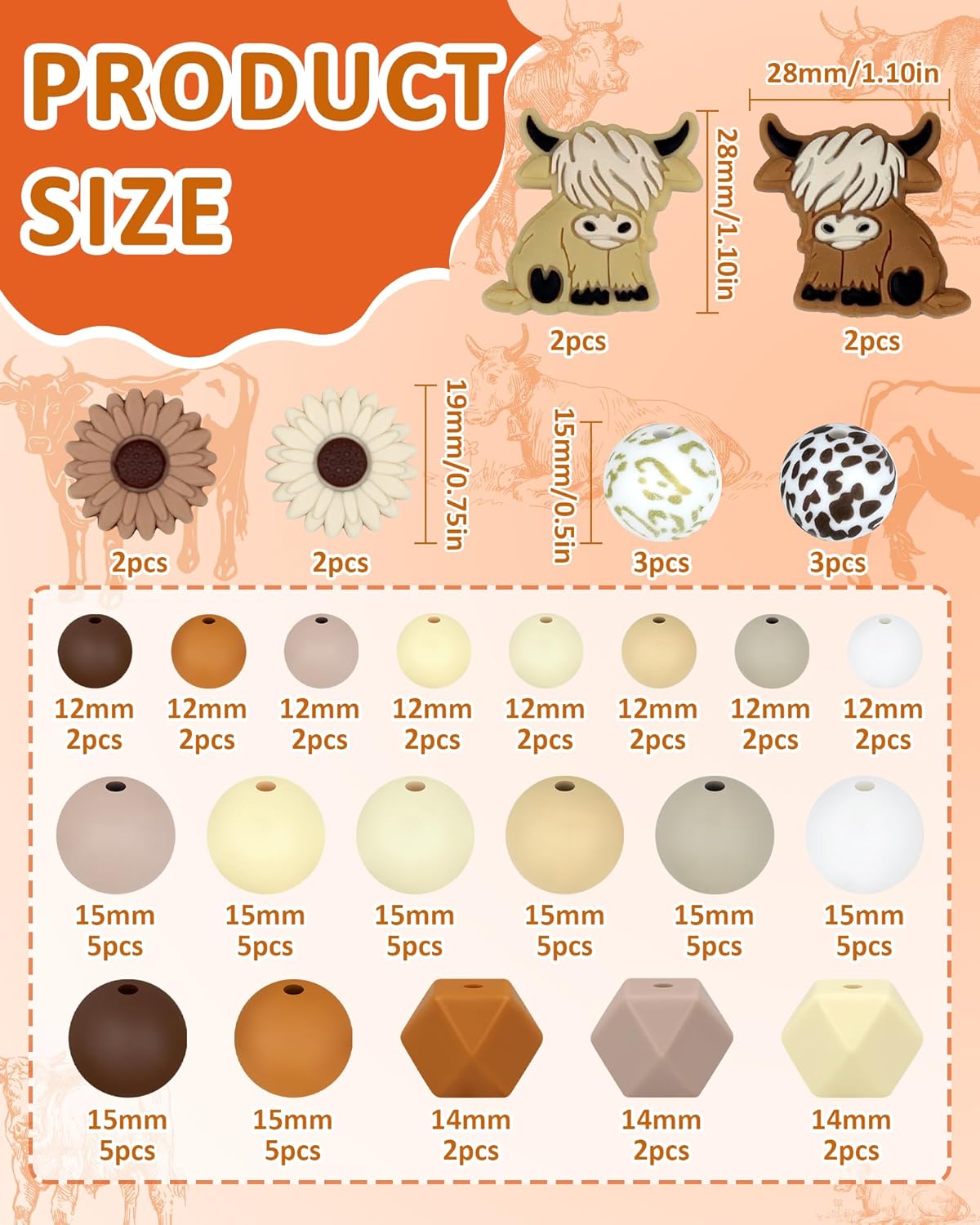 76PCS FIVEIZERO Highland Cow Focal Silicone Beads – Animal Shaped, Brown & White Cow Beads for DIY Crafting, Keychains, Bracelets, Pens – Perfect for Adults Creative Projects