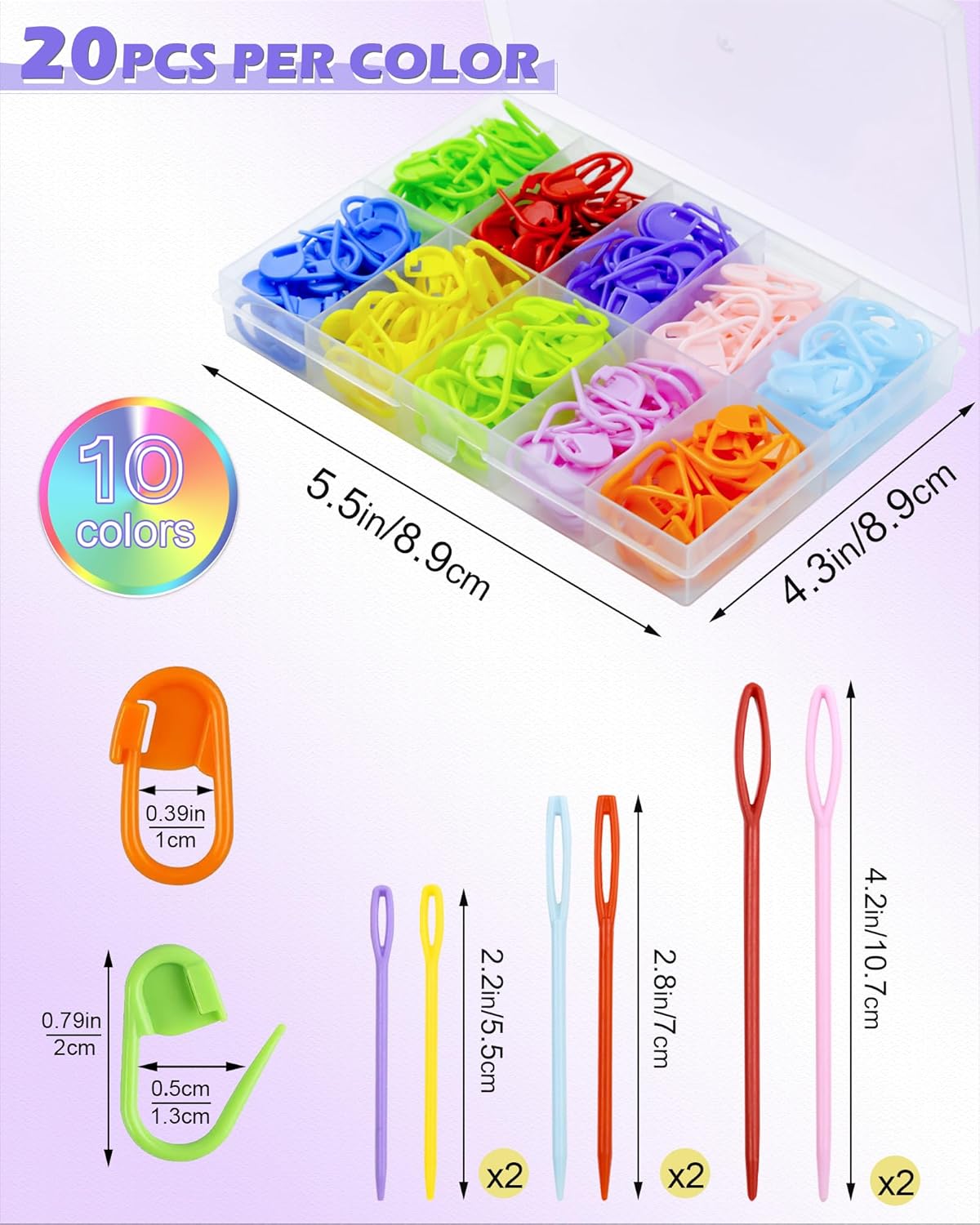 FIVEIZERO 200 Pcs Stitch Markers - 10 Color Knitting & Crochet Markers with Clip, Sewing Needles, Plastic Eyelets for DIY & Craft Sewing