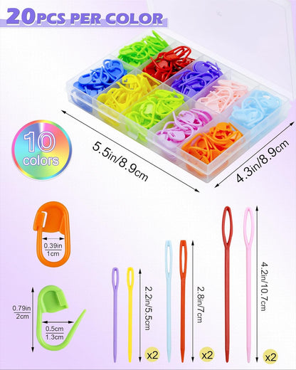 FIVEIZERO 200 Pcs Stitch Markers - 10 Color Knitting & Crochet Markers with Clip, Sewing Needles, Plastic Eyelets for DIY & Craft Sewing