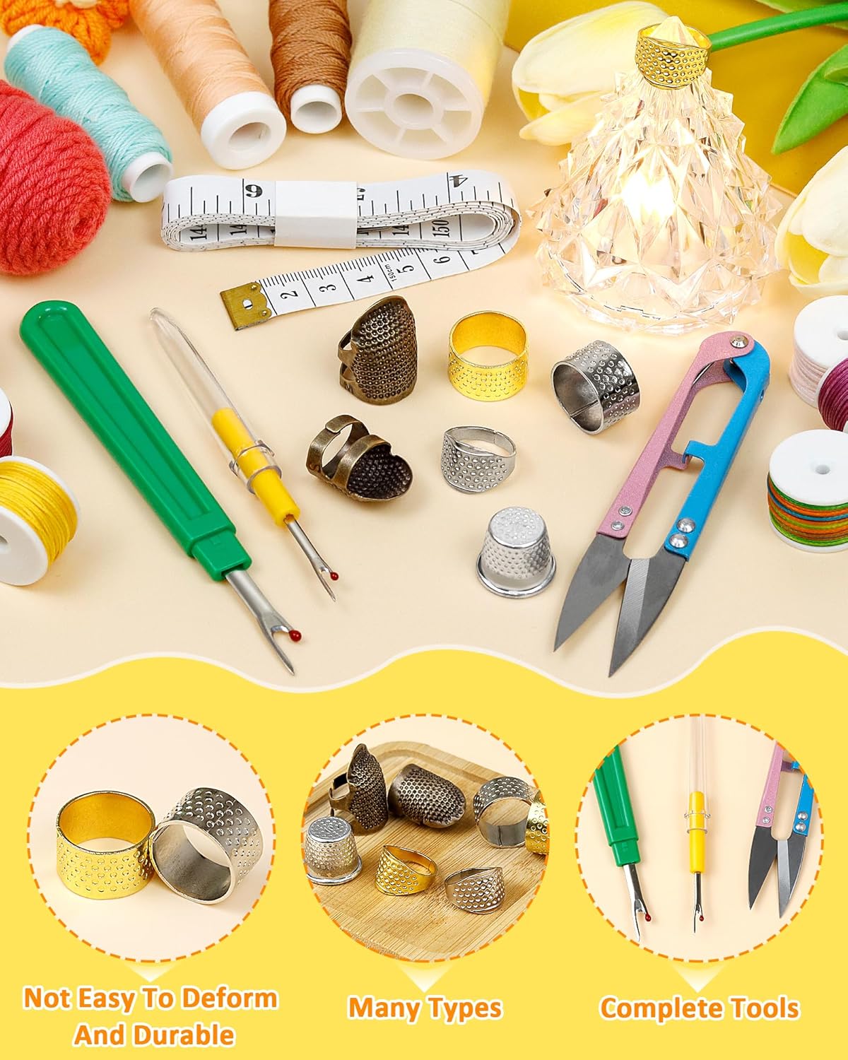 FIVEIZERO Thimble Kit– 7 PCS Sewing Thimbles for Hand Sewing, Metal Finger Protectors, Thimble Ring for Quilting and Embroidery